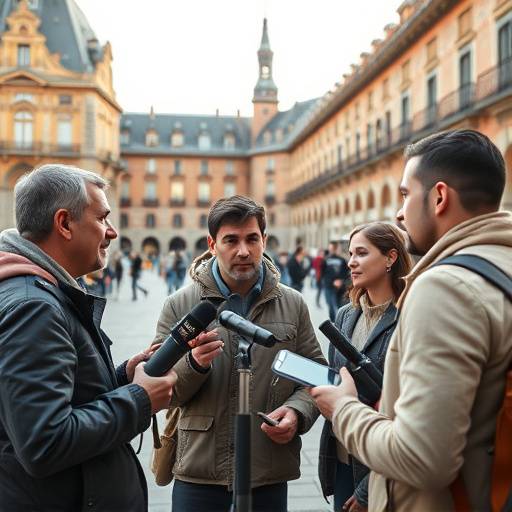 Fotografía de un grupo de periodistas de Estudio Radiante realizando una entrevista en exteriores en la Plaza Mayor de Madrid.
