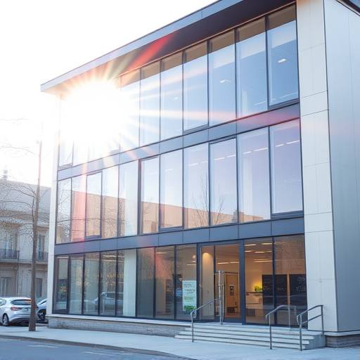 Fotografía del exterior del Estudio Radiante, un edificio moderno con grandes ventanales.