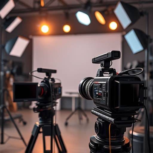 Imagen de equipos de producción profesional, incluyendo cámaras, micrófonos y luces en el estudio.