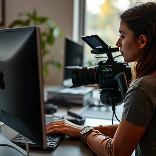 Imagen de Sofía López, Editora de Video, trabajando en un ordenador con software de edición.