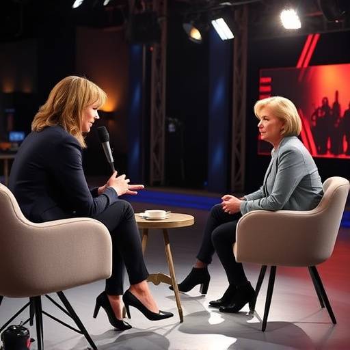 Imagen del plató de 'Madrid al Día' con la presentadora Elena Vargas entrevistando a un invitado.